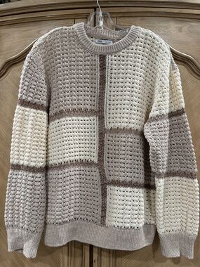 ZARA Men Two-Tone Cream & Tan Patchwork Crewneck Sweater SIZE MEDIUM